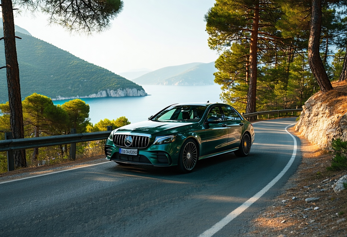 Sahil yolunda premium özel araç, arka planda teal deniz