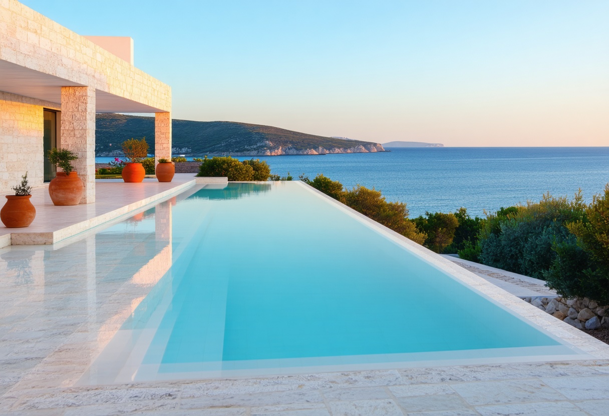 Denize bakan sonsuzluk havuzlu beyaz taş villa terası